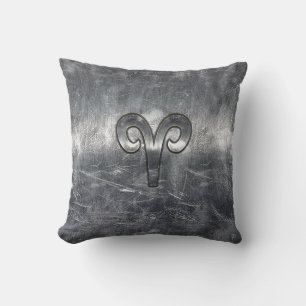 Aries Zodiac Symbol in Silver Distressed Style Throw Pillow
