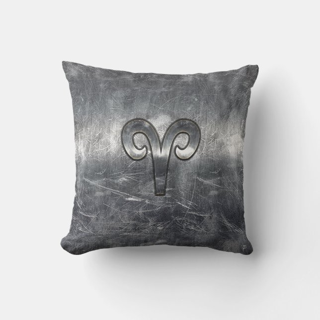 Aries Zodiac Symbol in Silver Distressed Style Throw Pillow (Front)