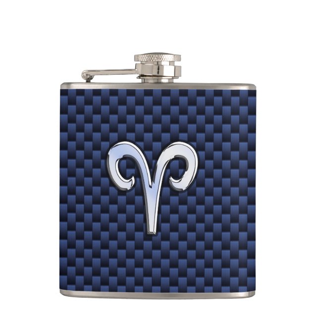Aries Zodiac Symbol Navy Blue Carbon Fibre Style Hip Flask (Front)