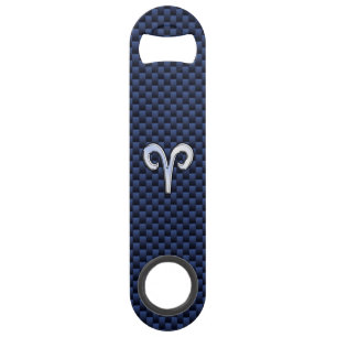 Aries Zodiac Symbol Navy Blue Carbon Fibre Style Speed Bottle Opener