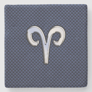 Aries Zodiac Symbol Navy Blue Carbon Fibre Style Stone Coaster