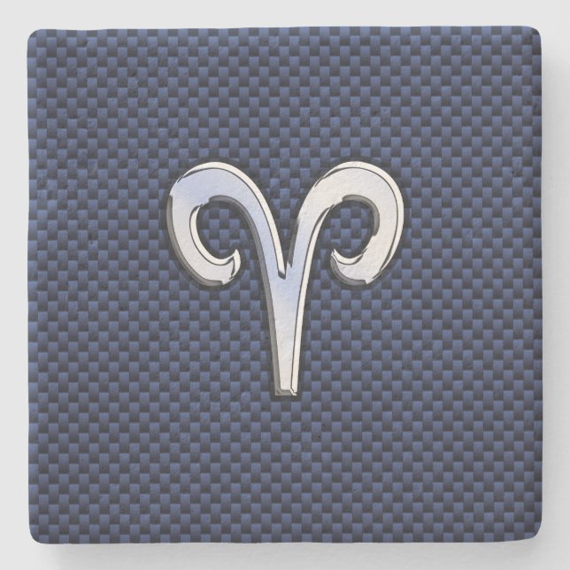 Aries Zodiac Symbol Navy Blue Carbon Fibre Style Stone Coaster (Front)