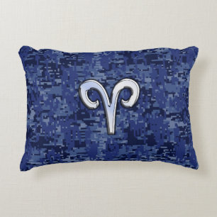 Aries Zodiac Symbol on Navy Blue Digital Camo Accent Pillow
