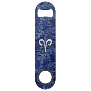 Aries Zodiac Symbol on Navy Blue Digital Camo Bar Key