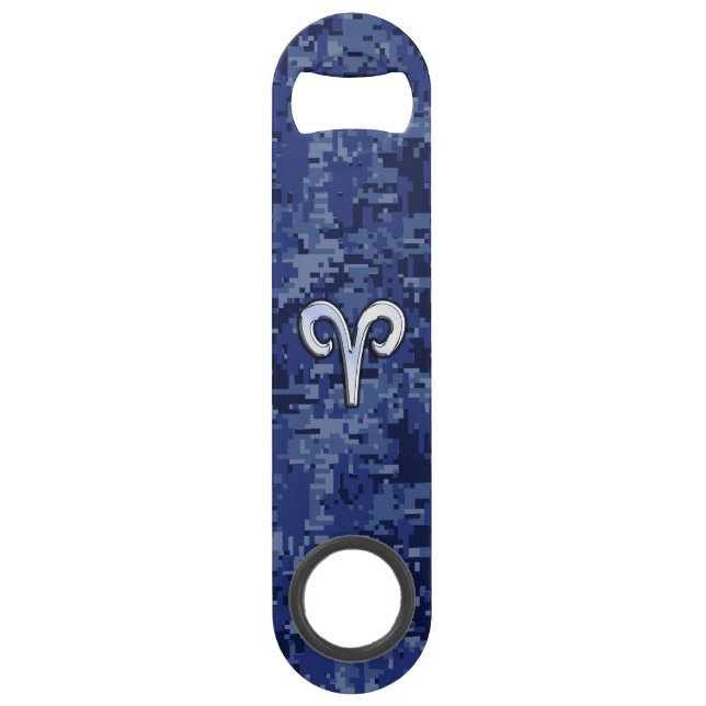 Aries Zodiac Symbol on Navy Blue Digital Camo Bar Key (Front)