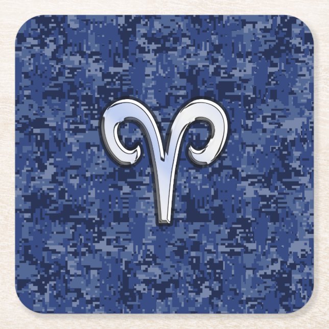Aries Zodiac Symbol on Navy Blue Digital Camo Square Paper Coaster (Front)