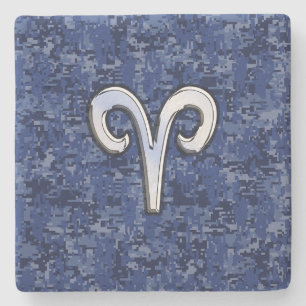 Aries Zodiac Symbol on Navy Blue Digital Camo Stone Coaster