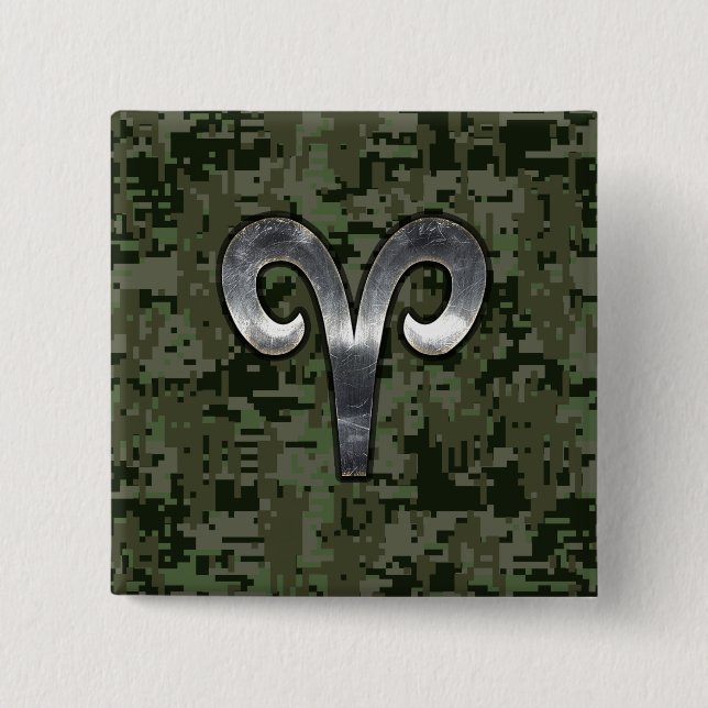Aries Zodiac Symbol Woodland Digital Camouflage 2 Inch Square Button (Front)