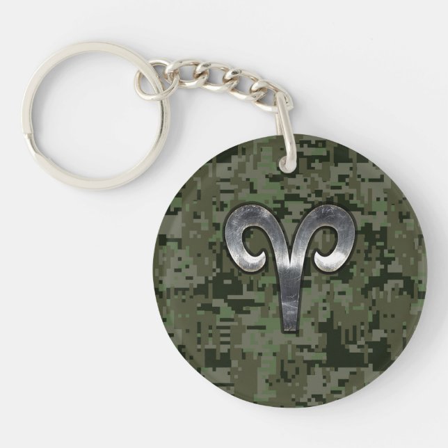 Aries Zodiac Symbol Woodland Digital Camouflage Keychain (Front)