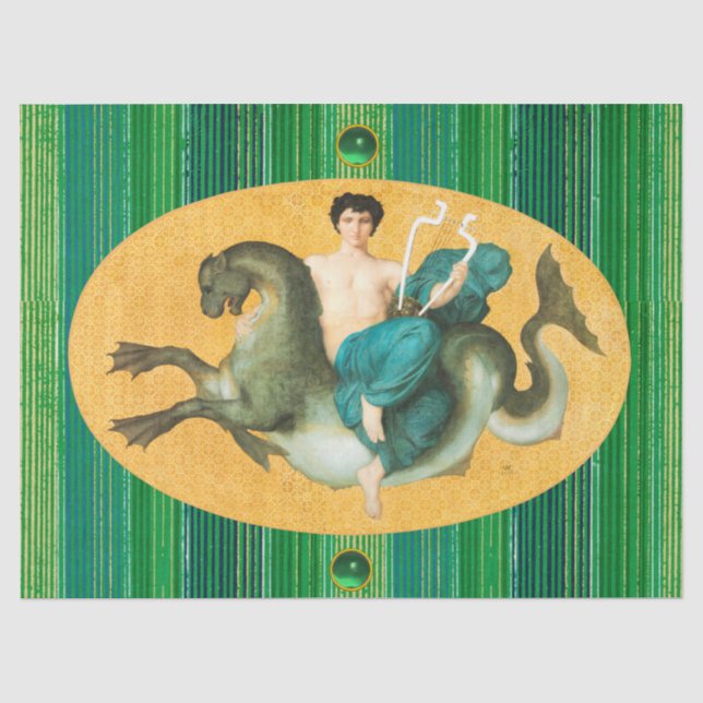 ARION ON A SEA HORSE HOLDING A LYRA Green Stripes Tissue Paper (Front)