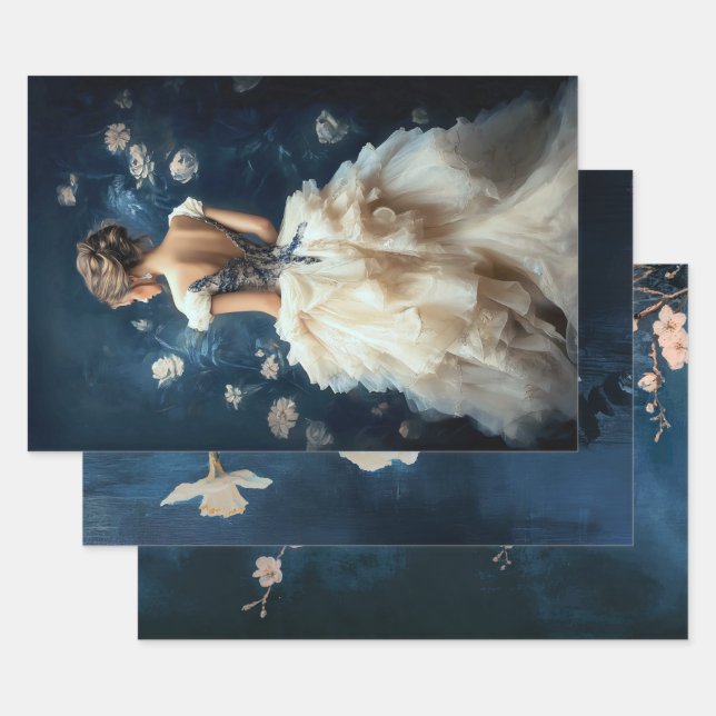 Aristocrat Lady Elegant Portrait Navy Blue Wrapping Paper Sheet (Set)