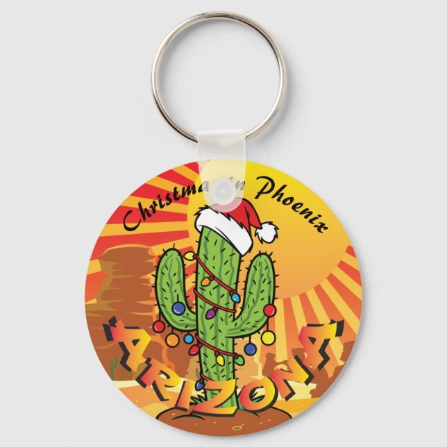 ARIZONA Christmas Saguaro Cactus CHANGE TOWN Keychain (Front)