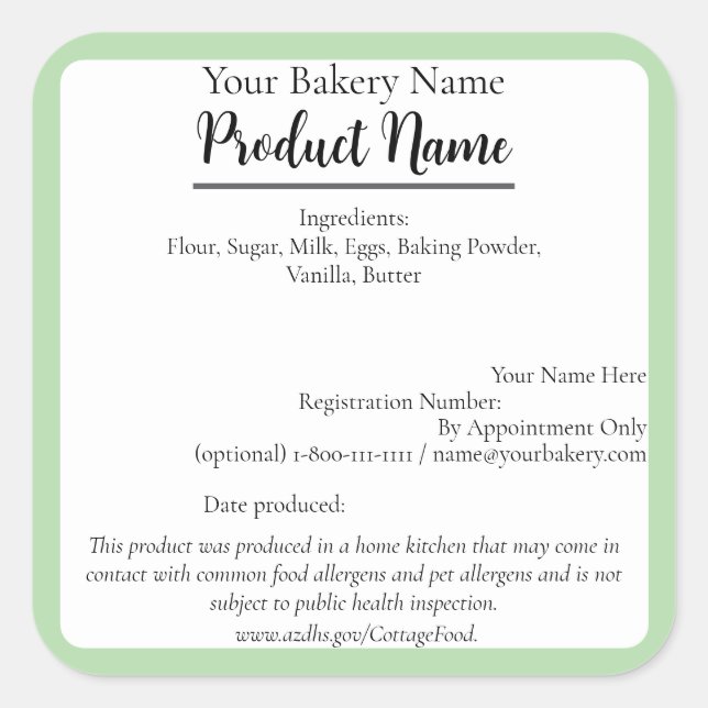 Arizona Cottage Food Business Green Baking Label (Front)