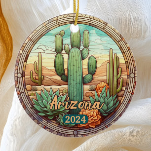 Arizona Desert Cactus Faux Stained Glass Ceramic Ornament