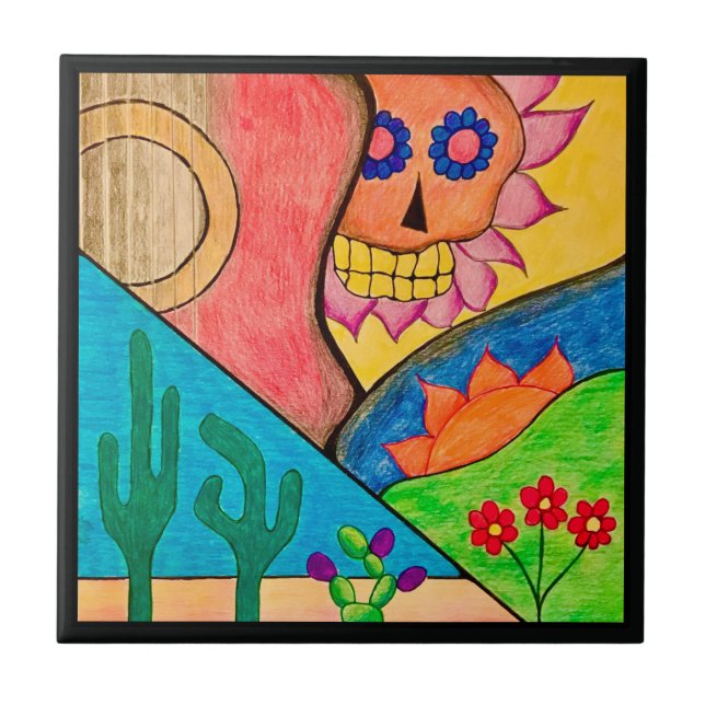 Arizona Desert Cactus Guitar Skull Tile (Front)