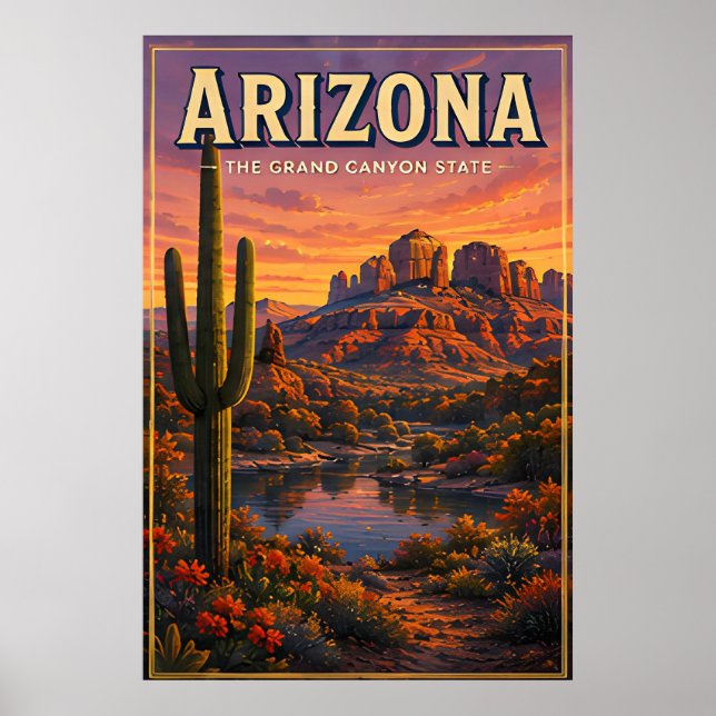 Arizona Desert Cactus Mountain Sunset Views Poster (Front)