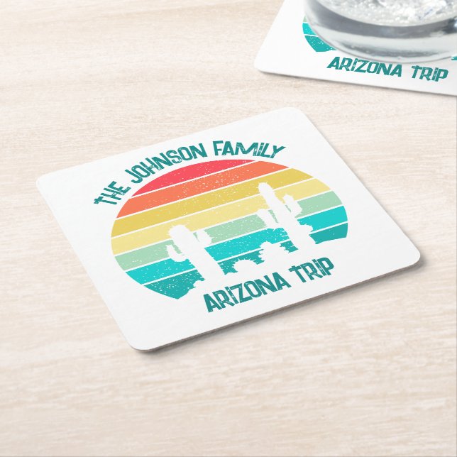 Arizona Desert Cactus Sunset Personalized Square Paper Coaster (Angled)