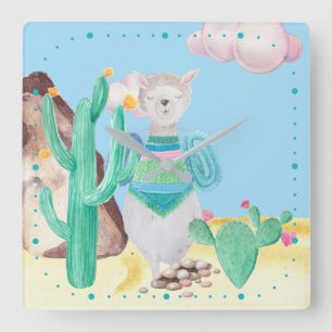 Arizona Desert LIama Cactus Flowers Nature Square Wall Clock