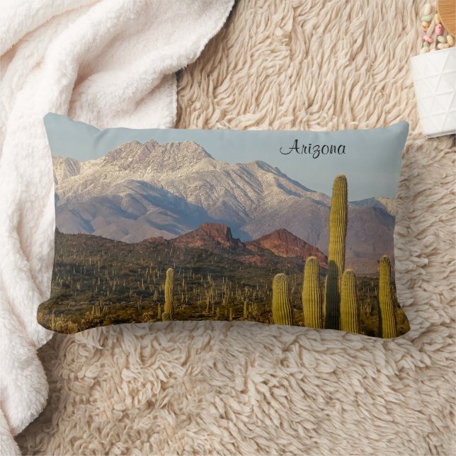 Arizona Desert Saguaro Cacti Snowy Mountain Lumbar Pillow (Blanket)