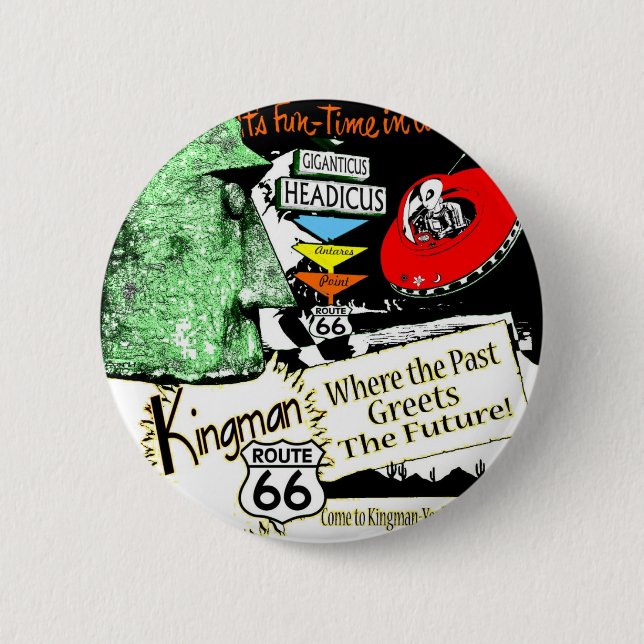 Arizona Fun-Time 1950s style Alien UFO Route 66 2 Inch Round Button (Front)