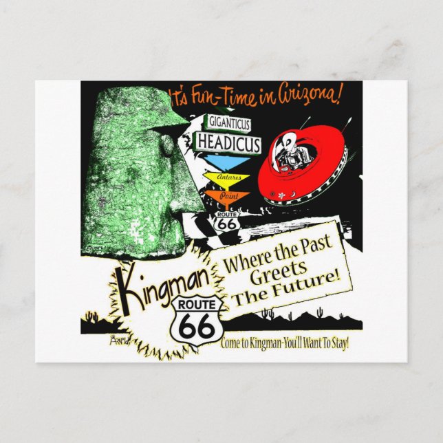 Arizona Fun-Time 1950s style Alien UFO Route 66 Postcard (Front)