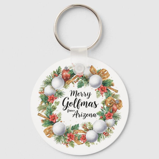 Arizona Golf Christmas Greeting with Golf Wreath  Keychain (Front)