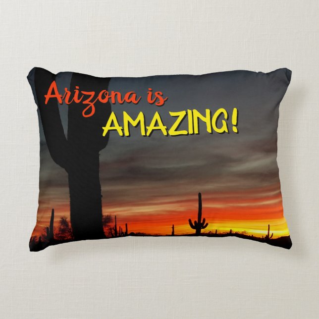 "Arizona is Amazing!" Sunset Sonoran Desert Cactus Accent Pillow (Front)