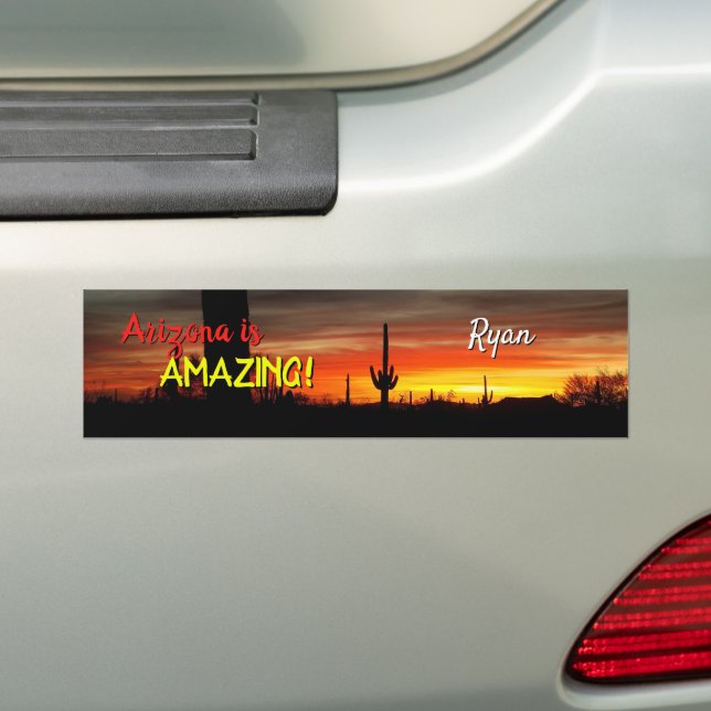 "Arizona is Amazing!" Sunset Sonoran Desert Cactus Bumper Sticker (On Car)