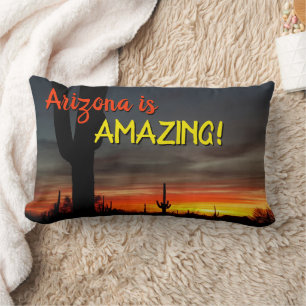 "Arizona is Amazing!" Sunset Sonoran Desert Cactus Lumbar Pillow