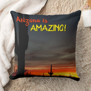 "Arizona is Amazing!" Sunset Sonoran Desert Cactus Throw Pillow