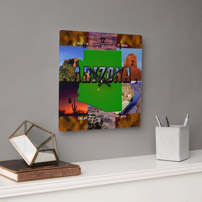 Arizona Map and Picture Text Square Wall Clock (Office)