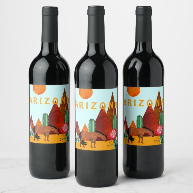 Arizona ~ Mountains, Cacti and Horse Desert Wine Label (Bottles)