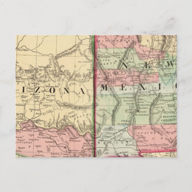 Arizona, New Mexico Map by Mitchell Postcard (Front)