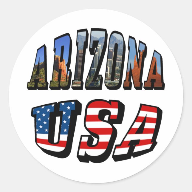 Arizona Picture and USA Flag Text Classic Round Sticker (Front)