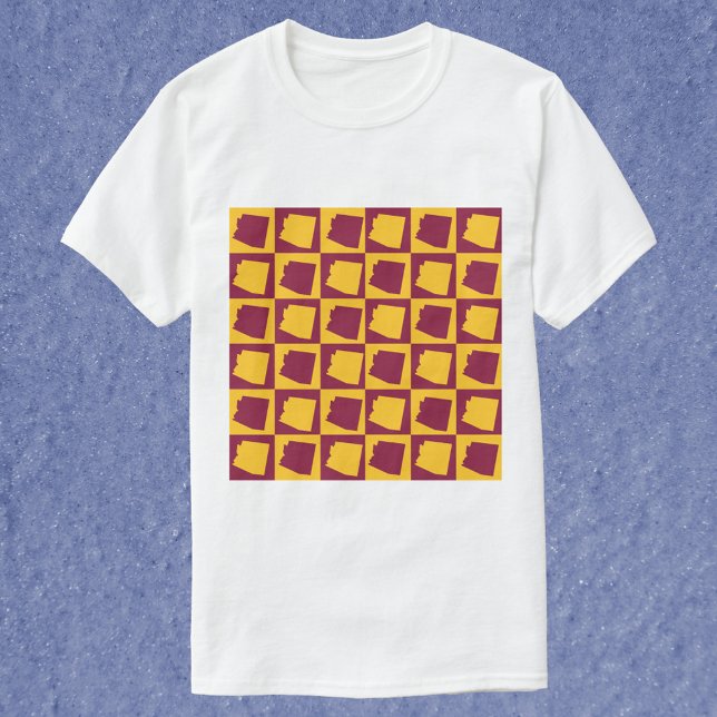 Arizona Pop Art Checkerboard Pattern Maroon Gold T-Shirt (A tshirt featuring a maroon and gold pattern with the outline of Arizona.)
