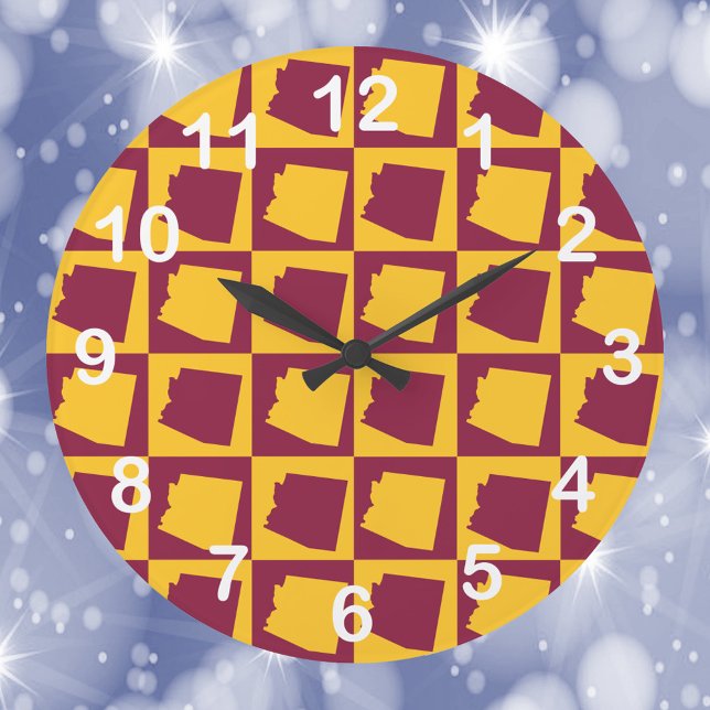 Arizona Pop Art Maroon Gold White Numbers Large Clock (A clock with a maroon and gold pattern of the US state of Arizona with white numbers.)