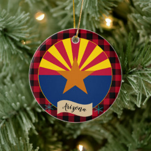 Arizona, Red buffalo plaid & Arizona Flag, USA Ceramic Ornament