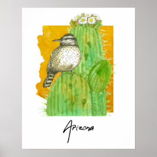 Arizona Saguaro Blooming Cactus Wren Bird Poster