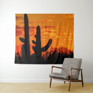 Arizona Saguaro Cacti With Bright Orange Sunset Tapestry