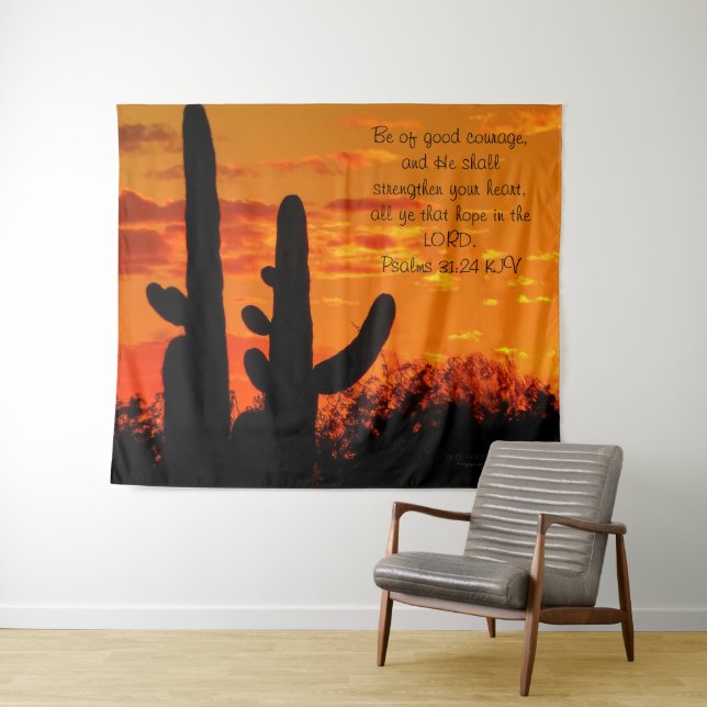 Arizona Saguaro Cacti With Bright Orange Sunset Tapestry (In Situ (Horizontal))