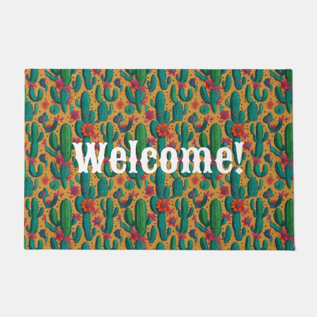 Arizona Saguaro Cactus Floral Seamless Pattern Doormat (Front)