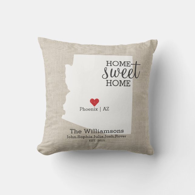 Arizona State Love Home Sweet Home Custom Map Throw Pillow (Front)