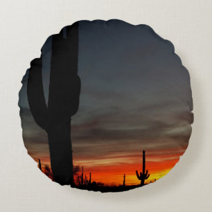 Arizona Sunset Sonoran Desert With Saguaro Cactus Round Pillow