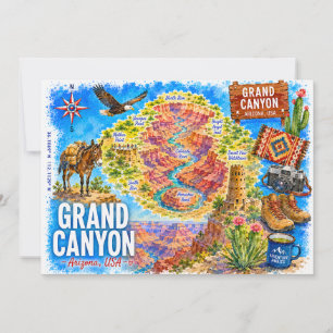 Arizona USA Illustrated Map Grand Canyon Postcard