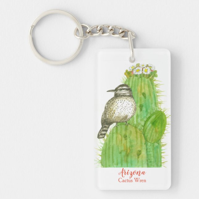 Arizona Wildlife Cactus Wren Bird Saguaro  Keychain (Front)
