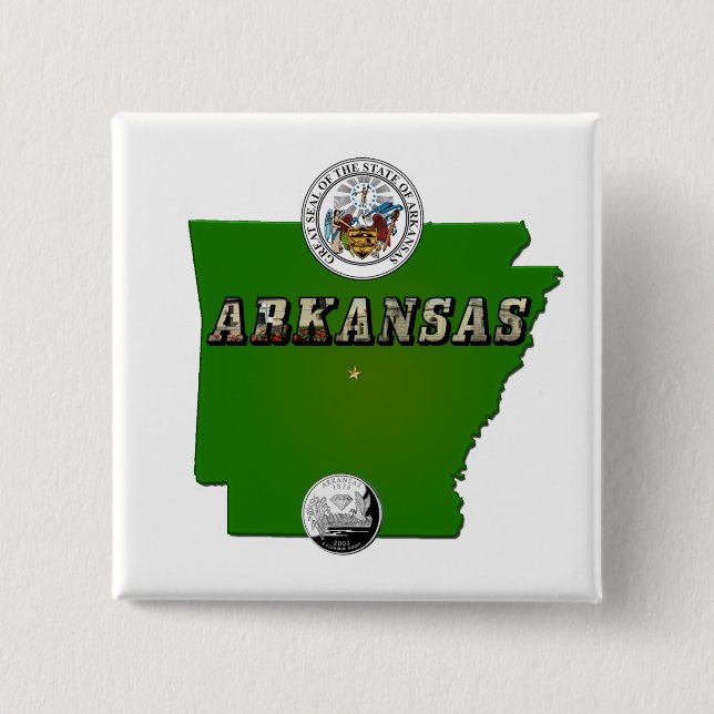 Arkansas Map, Seal and State Faux Quarter 2 Inch Square Button (Front)