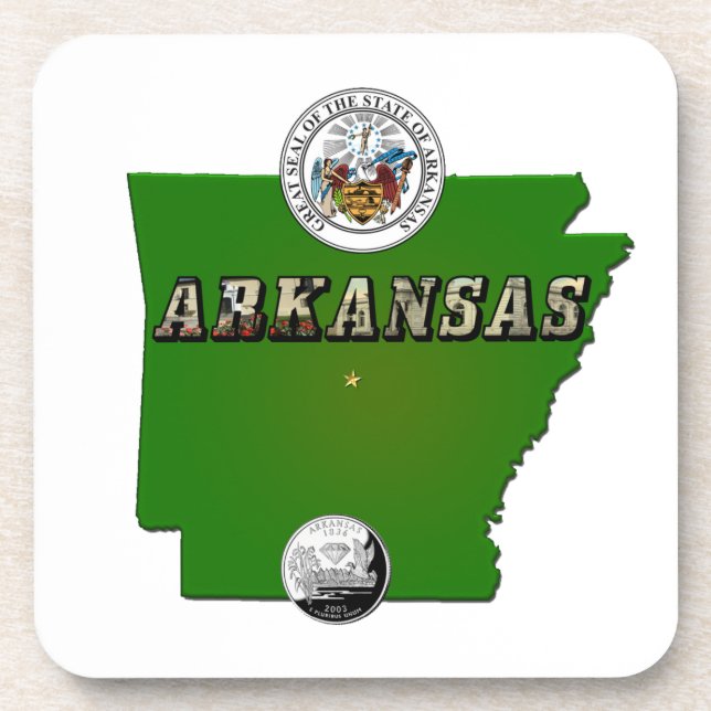 Arkansas Map, Seal and State Faux Quarter Coaster (Front)