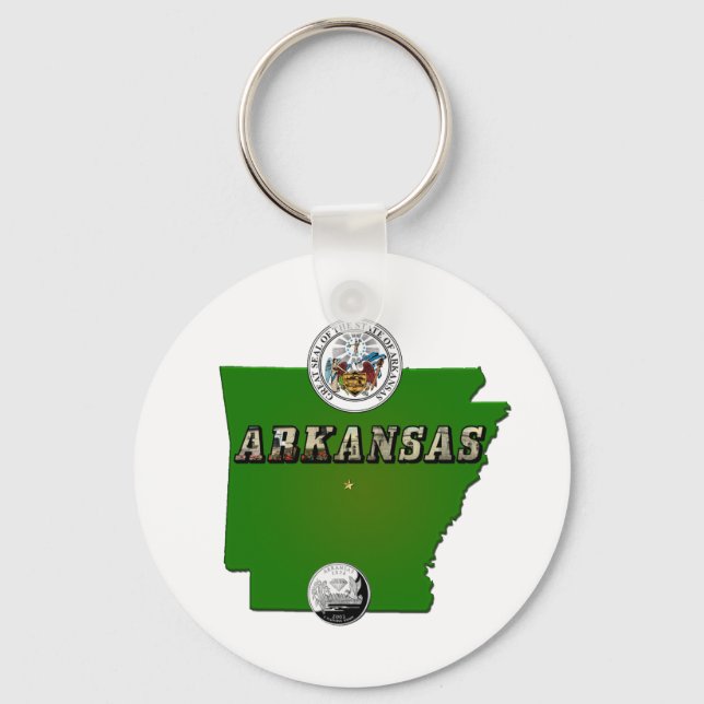 Arkansas Map, Seal and State Faux Quarter Keychain (Front)
