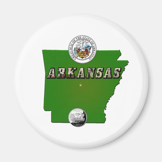 Arkansas Map, Seal and State Faux Quarter Magnet (Front)