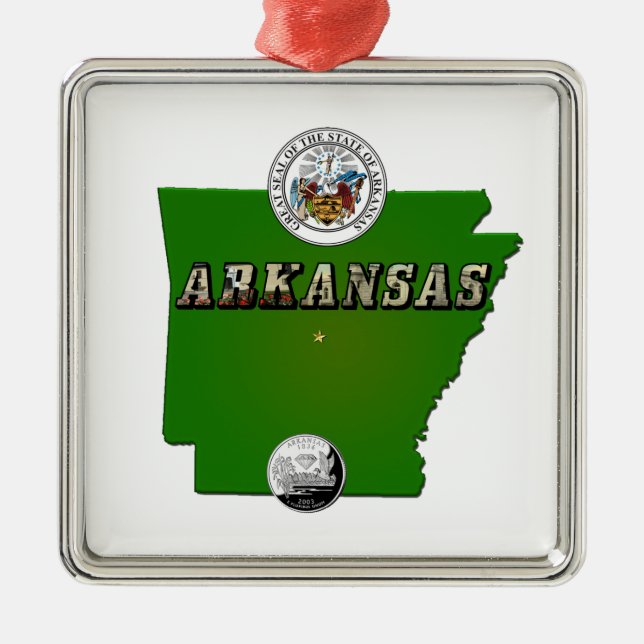 Arkansas Map, Seal and State Faux Quarter Metal Ornament (Front)